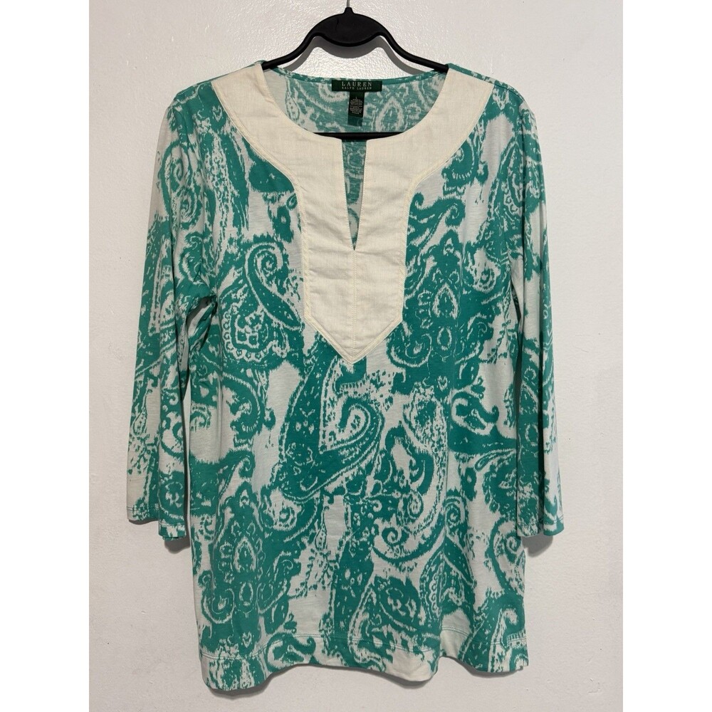 Lauren Ralph Lauren Paisley Tunic Top Large Turquoise White 100% Cotton